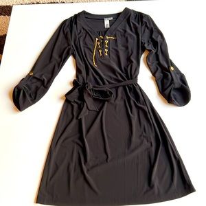 Emma & Michele Black, Tied Dress with gold accessories